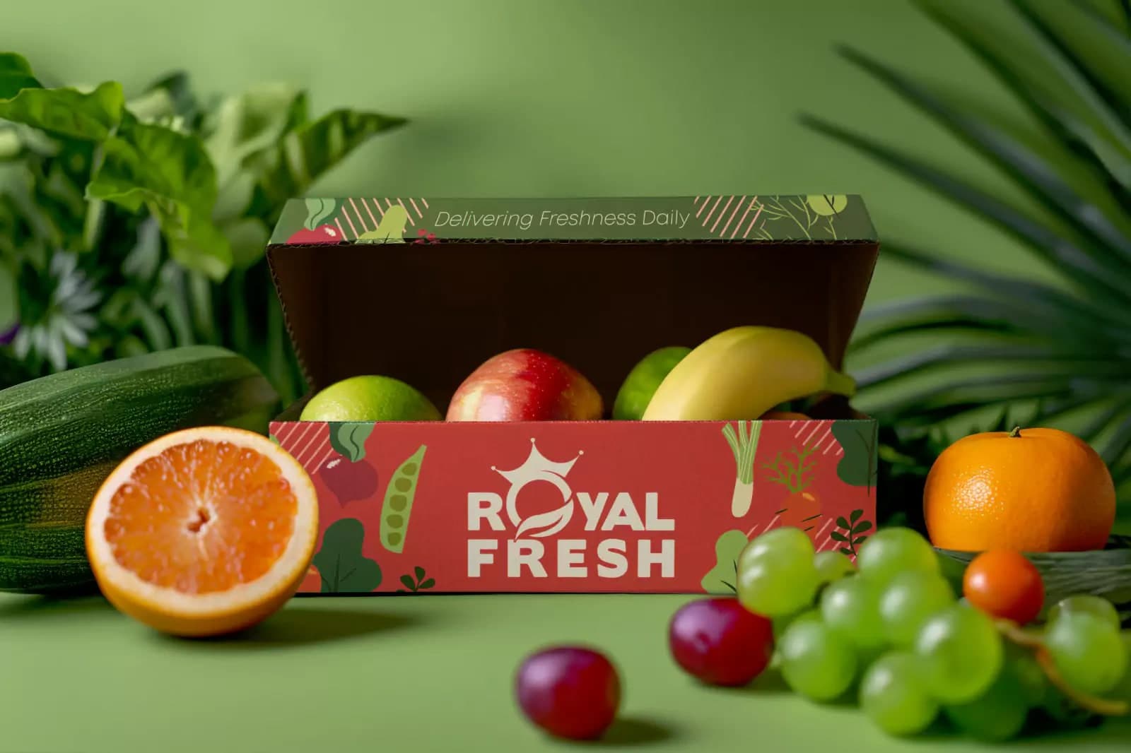 A branded Royal Fresh produce carton packed with fresh fruit and vegetables.